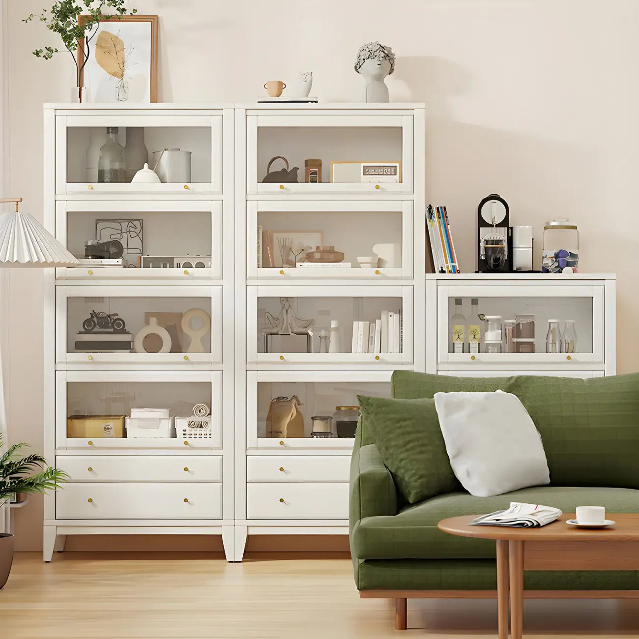 White Solid Wood Glass Door Display Cabinet with Drawers