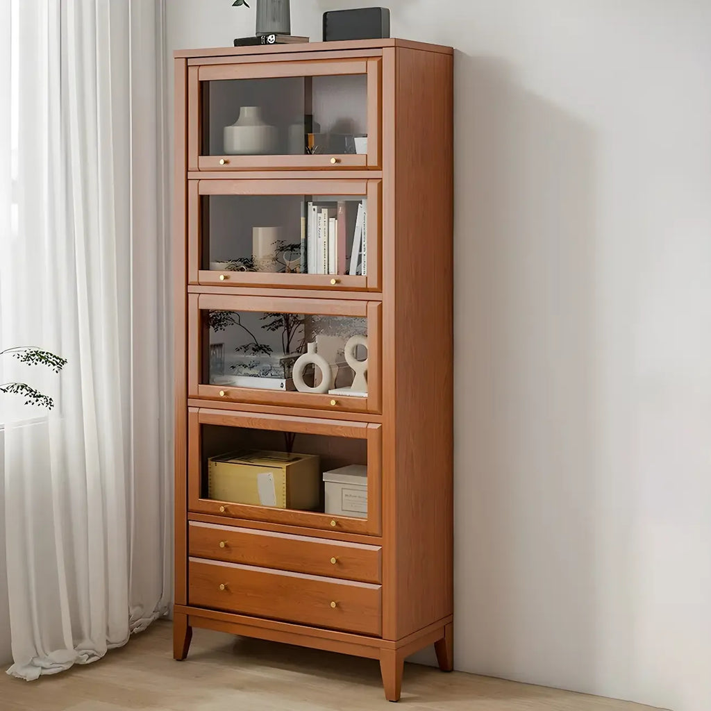 White Solid Wood Glass Door Display Cabinet with Drawers