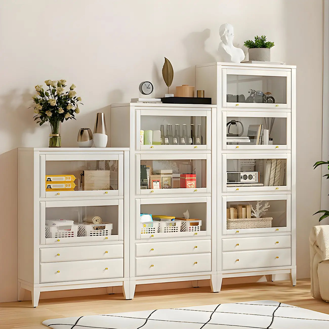 White Solid Wood Glass Door Display Cabinet with Drawers