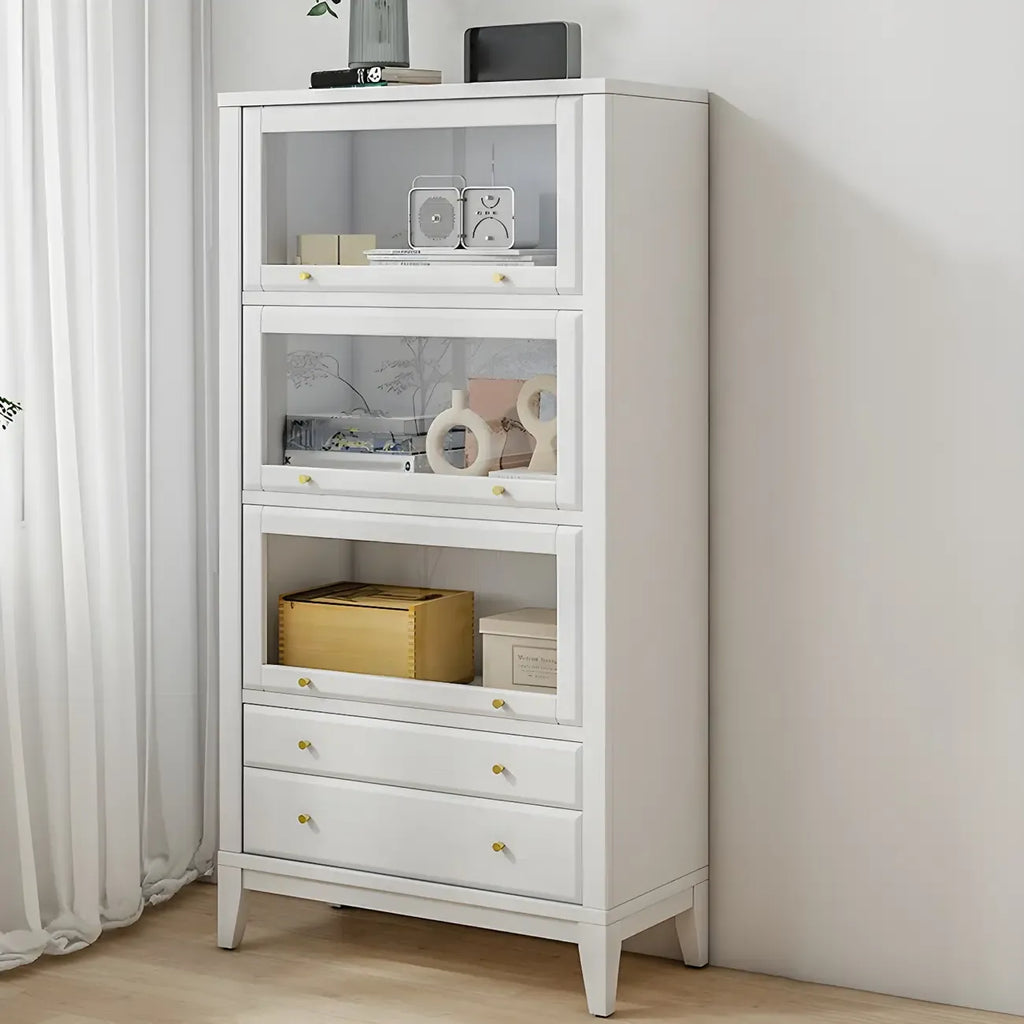 White Solid Wood Glass Door Display Cabinet with Drawers