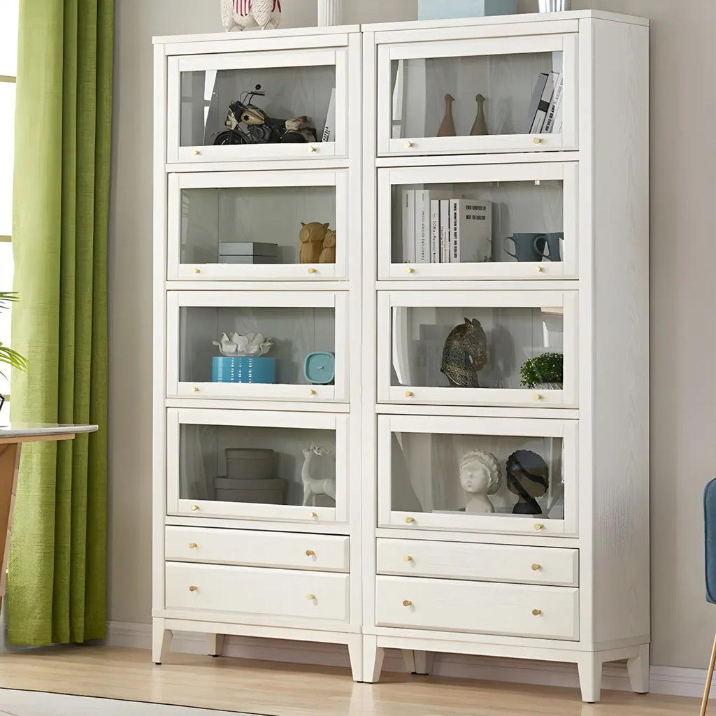 White Solid Wood Glass Door Display Cabinet with Drawers