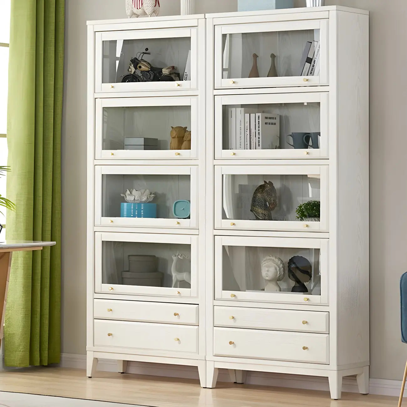 White Solid Wood Glass Door Display Cabinet with Drawers