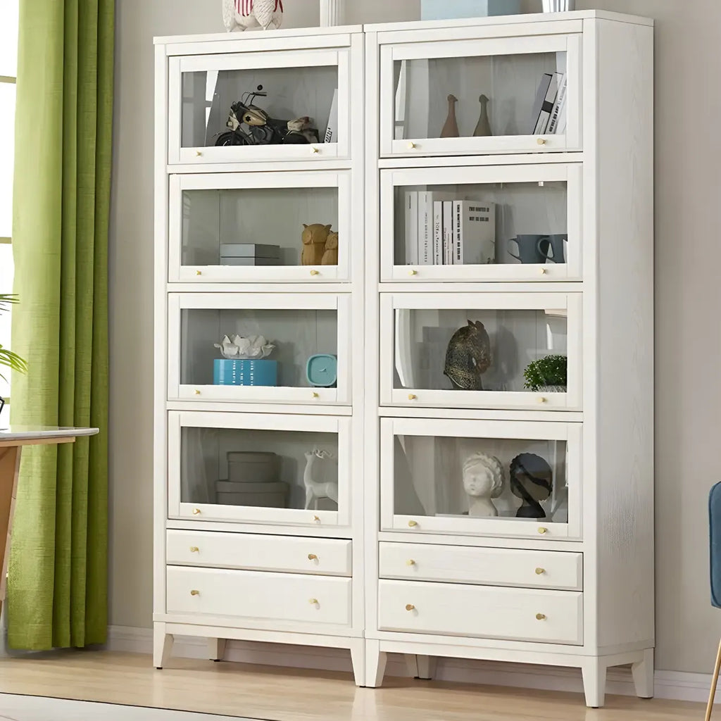 White Solid Wood Glass Door Display Cabinet with Drawers