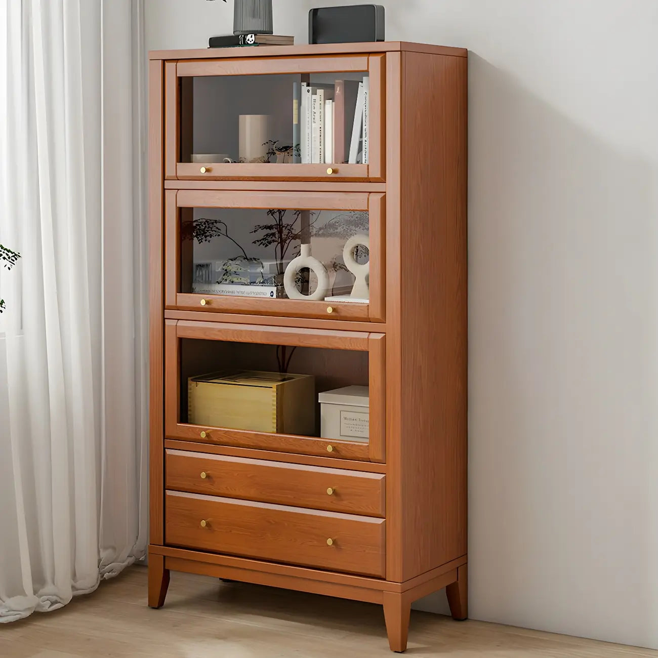 White Solid Wood Glass Door Display Cabinet with Drawers