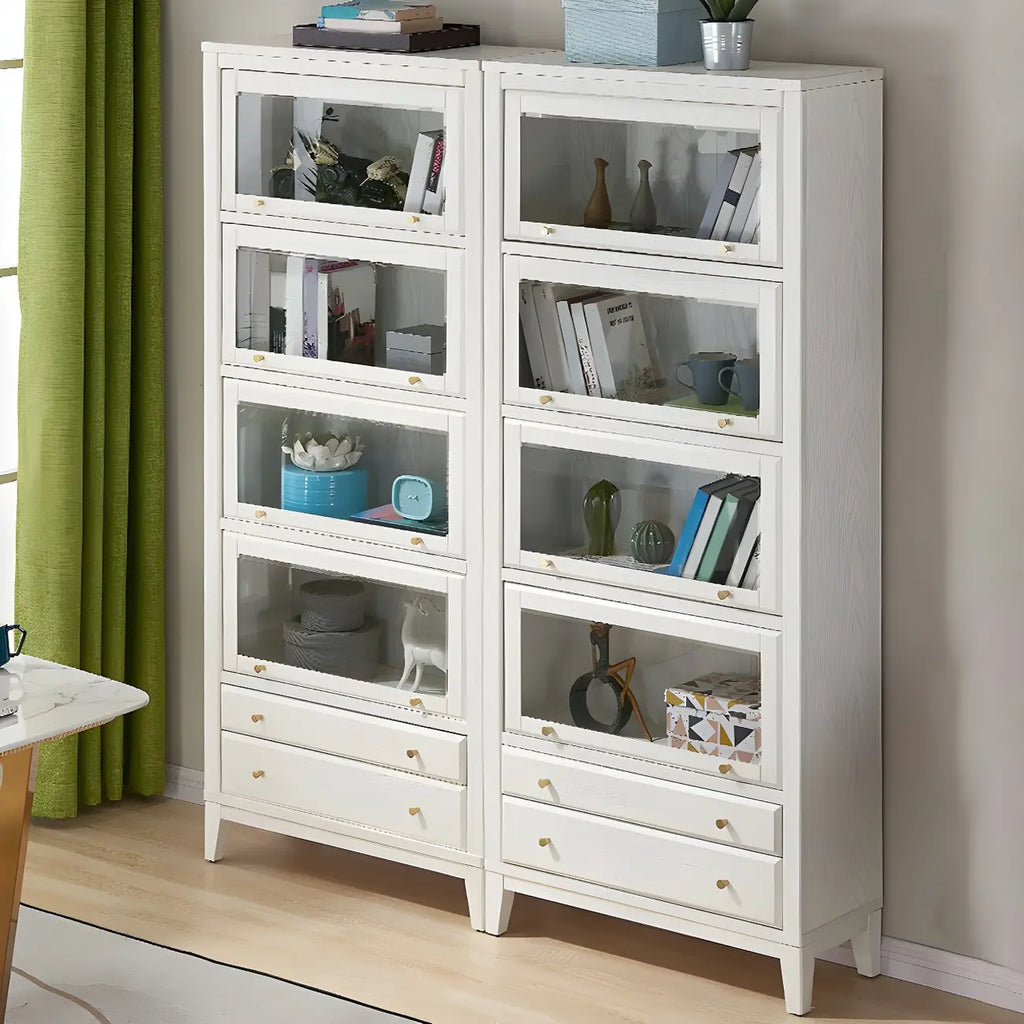 White Solid Wood Glass Door Display Cabinet with Drawers