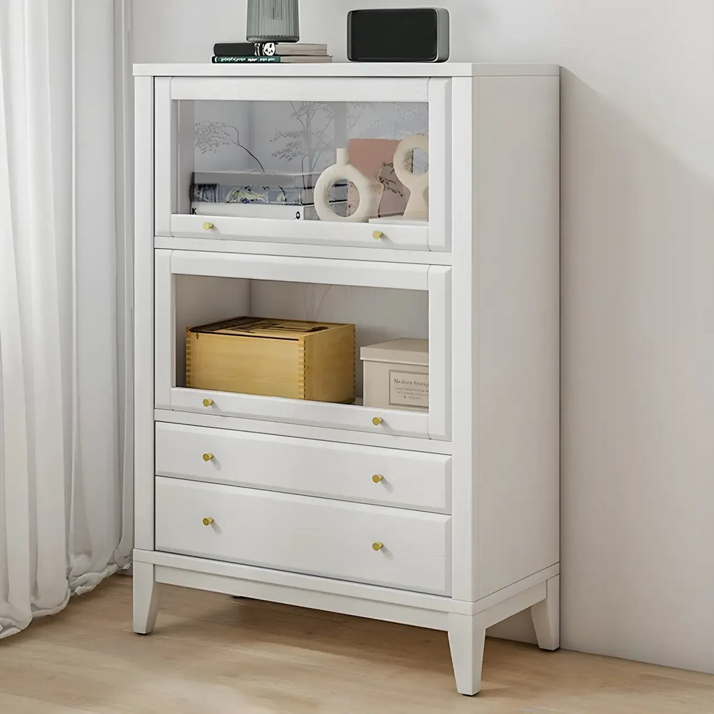 White Solid Wood Glass Door Display Cabinet with Drawers