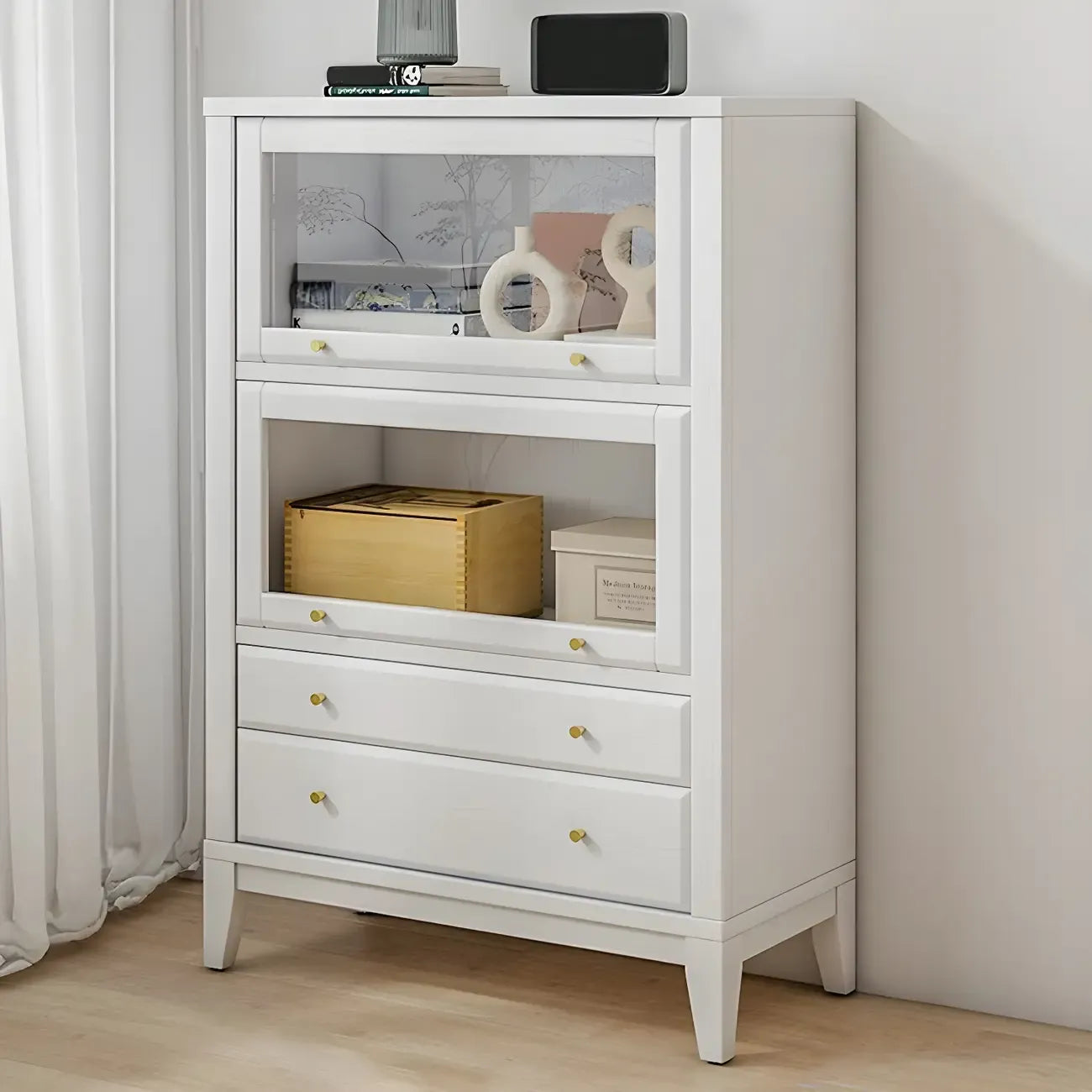 White Solid Wood Glass Door Display Cabinet with Drawers