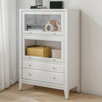 White Solid Wood Glass Door Display Cabinet with Drawers