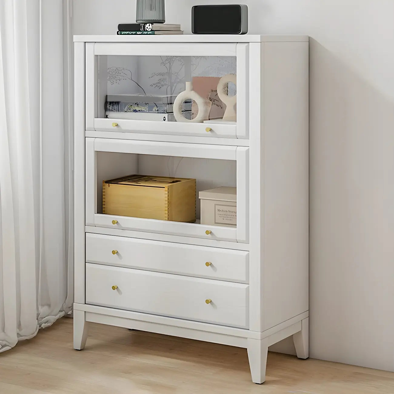 White Solid Wood Glass Door Display Cabinet with Drawers