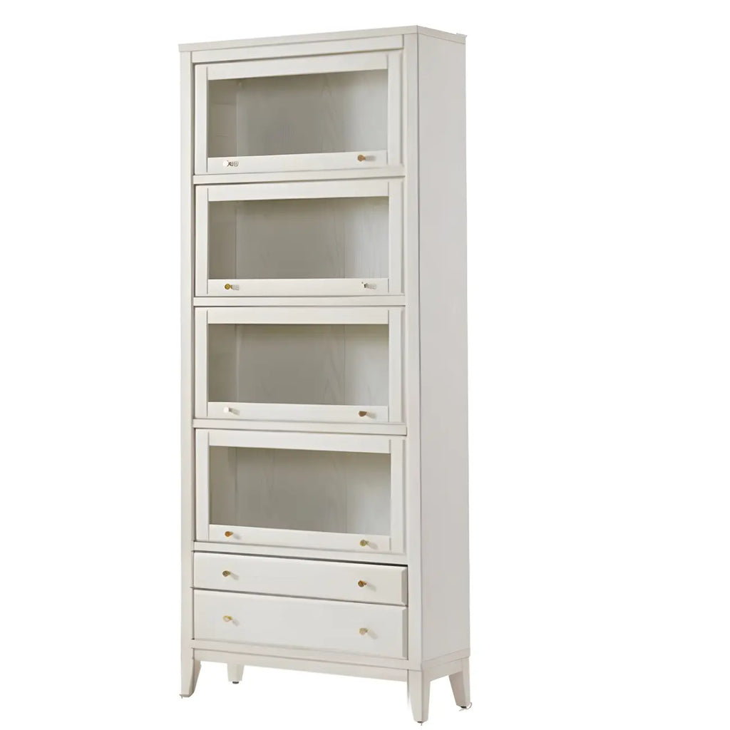 White Solid Wood Glass Door Display Cabinet with Drawers