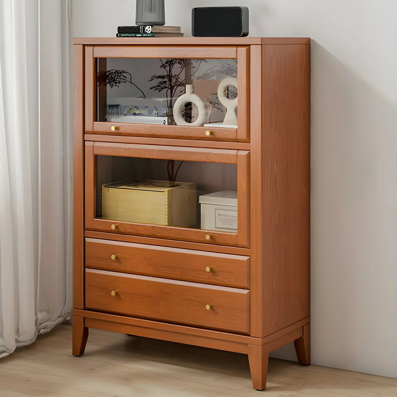 White Solid Wood Glass Door Display Cabinet with Drawers
