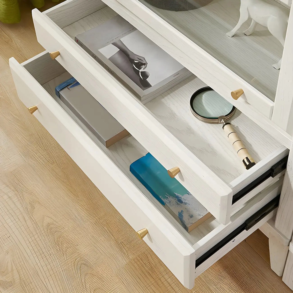 White Solid Wood Glass Door Display Cabinet with Drawers