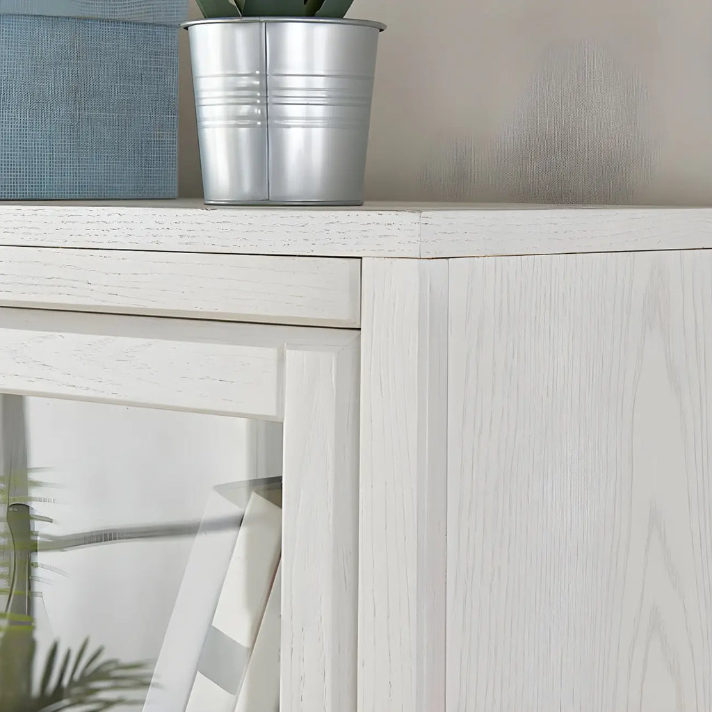 White Solid Wood Glass Door Display Cabinet with Drawers