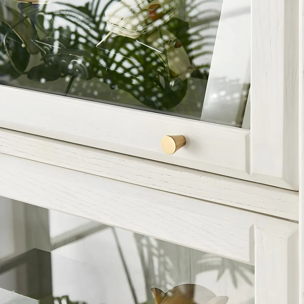 White Solid Wood Glass Door Display Cabinet with Drawers