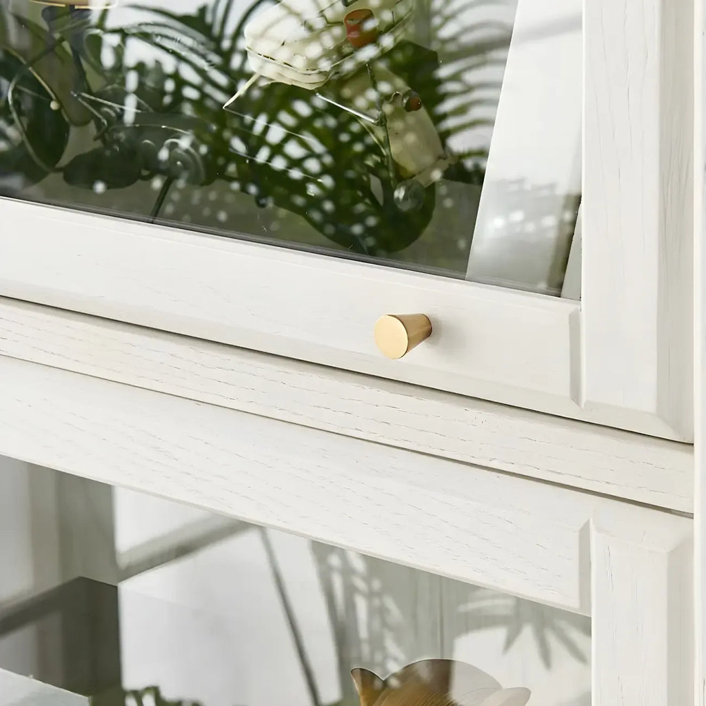 White Solid Wood Glass Door Display Cabinet with Drawers