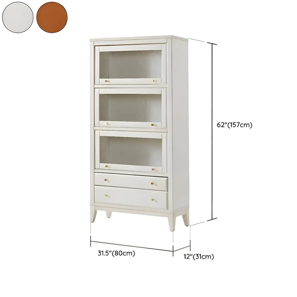 White Solid Wood Glass Door Display Cabinet with Drawers