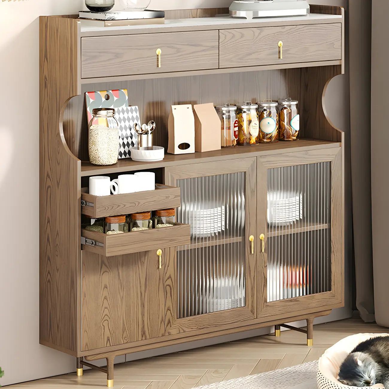 Standard Natural Wood Storage Dining Hutch Cabinet