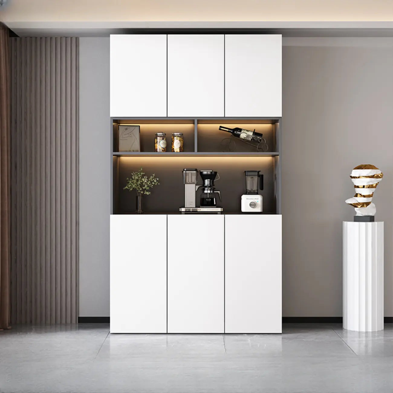 Glass Door Wooden Floor Multiple Levels Wine Cabinet with Lighting