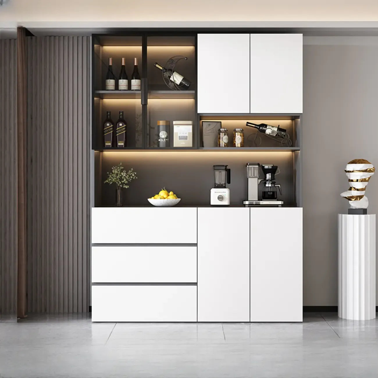 Glass Door Wooden Floor Multiple Levels Wine Cabinet with Lighting