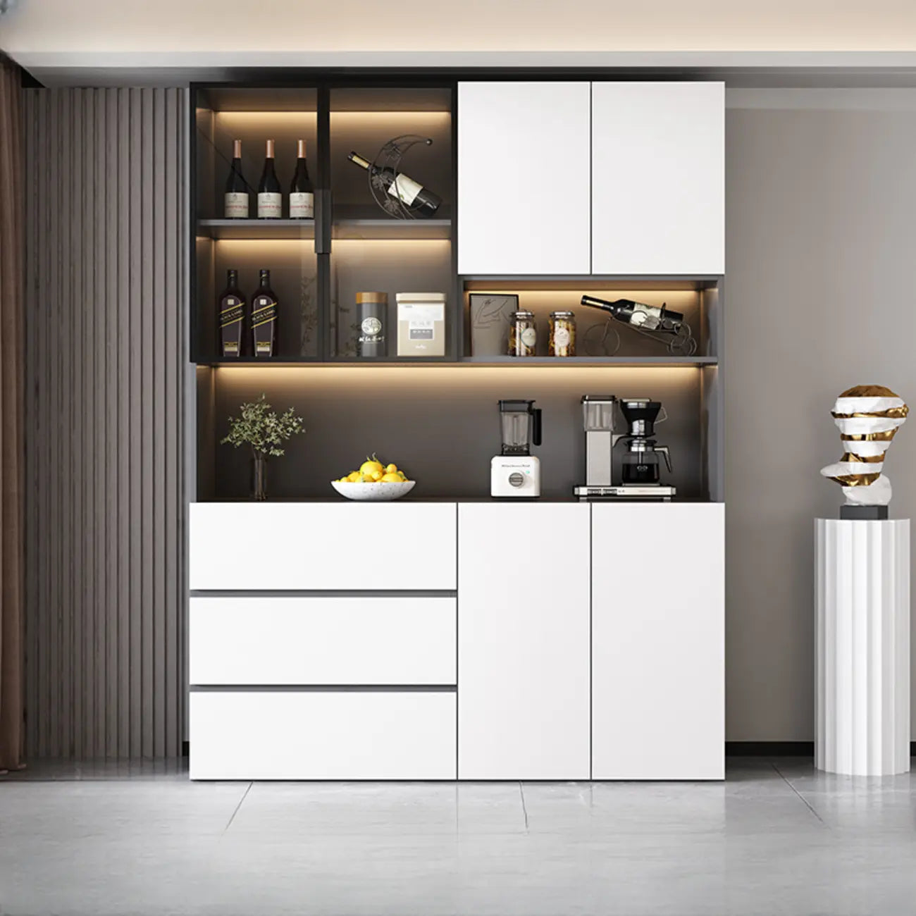 Glass Door Wooden Floor Multiple Levels Wine Cabinet with Lighting