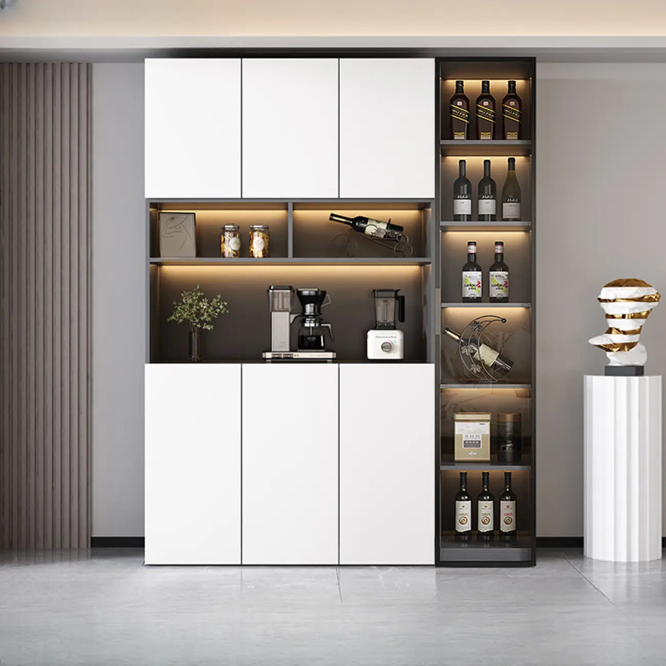 Glass Door Wooden Floor Multiple Levels Wine Cabinet with Lighting