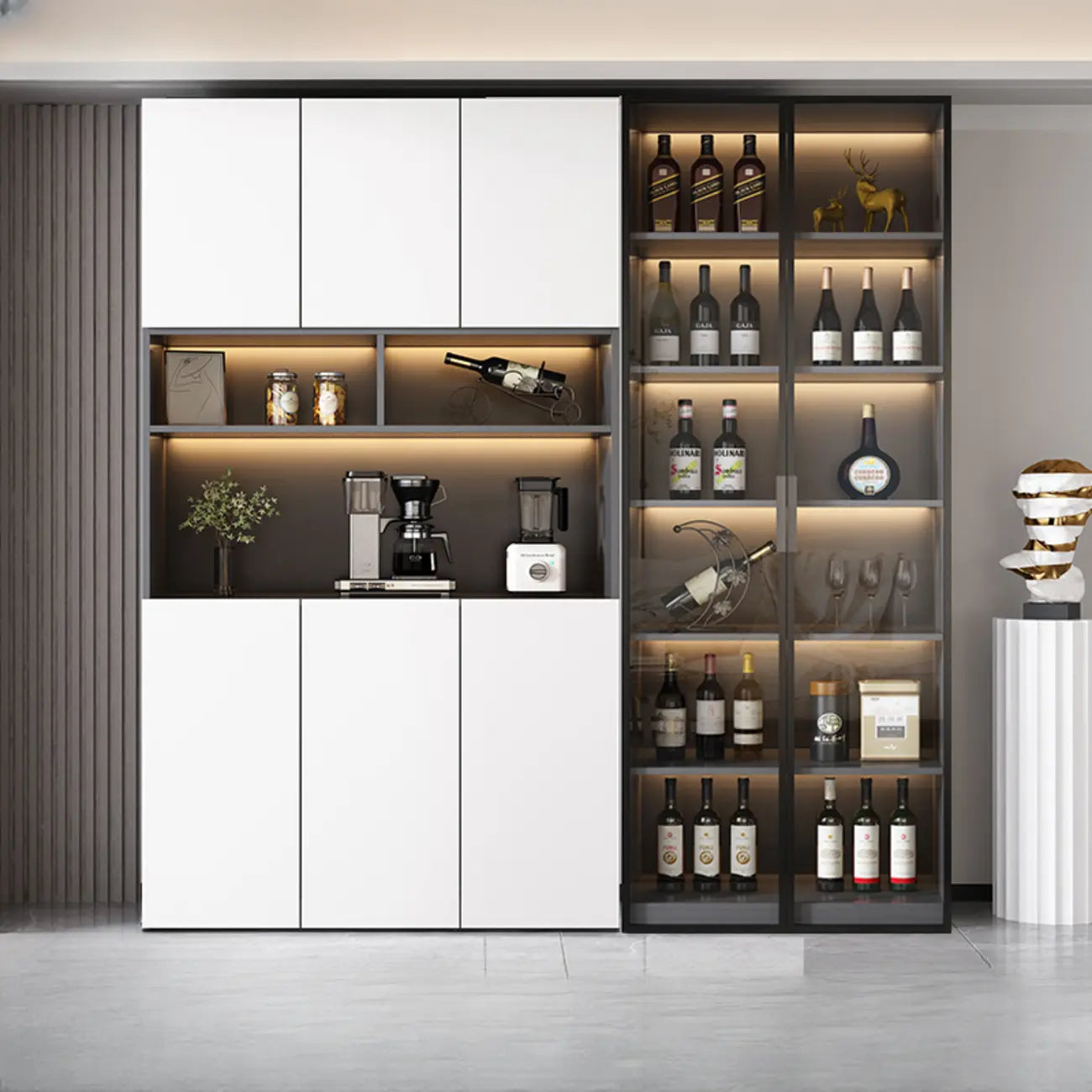 Glass Door Wooden Floor Multiple Levels Wine Cabinet with Lighting