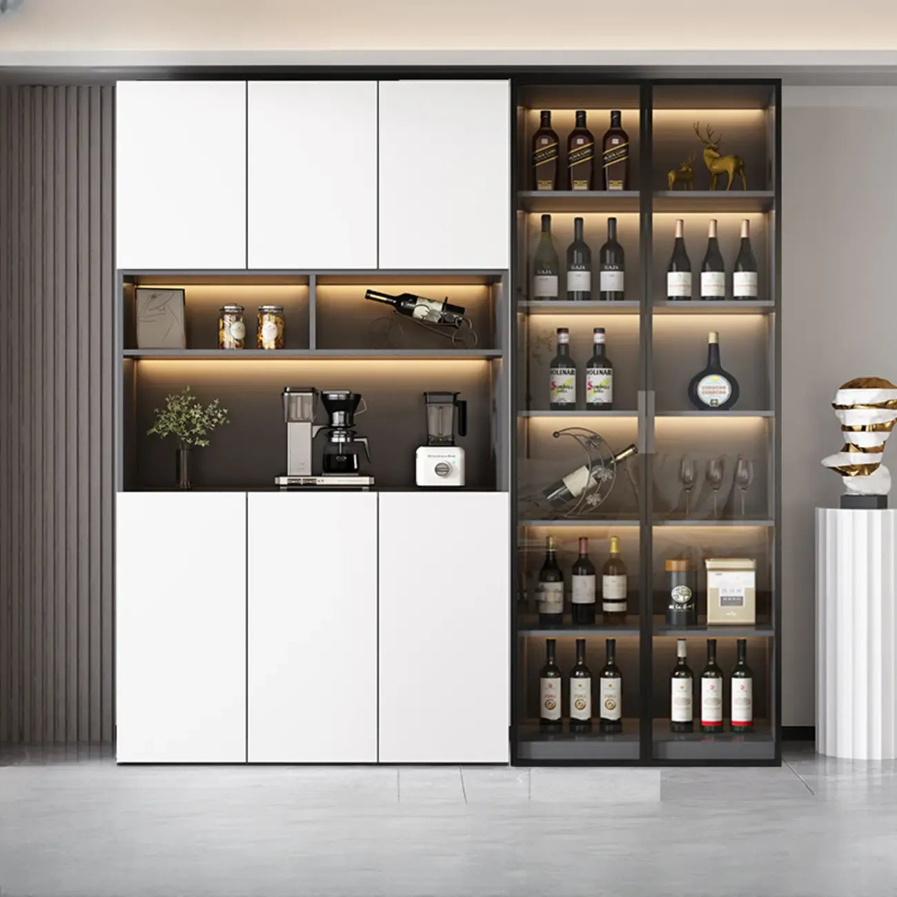 Glass Door Wooden Floor Multiple Levels Wine Cabinet with Lighting