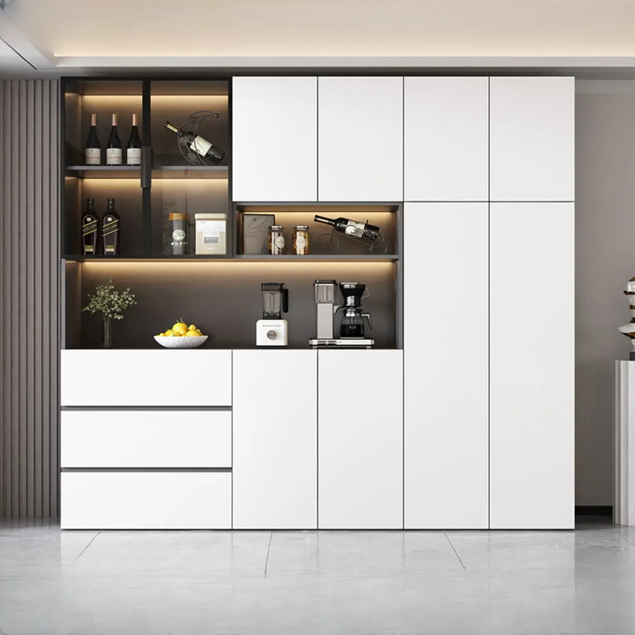 Glass Door Wooden Floor Multiple Levels Wine Cabinet with Lighting