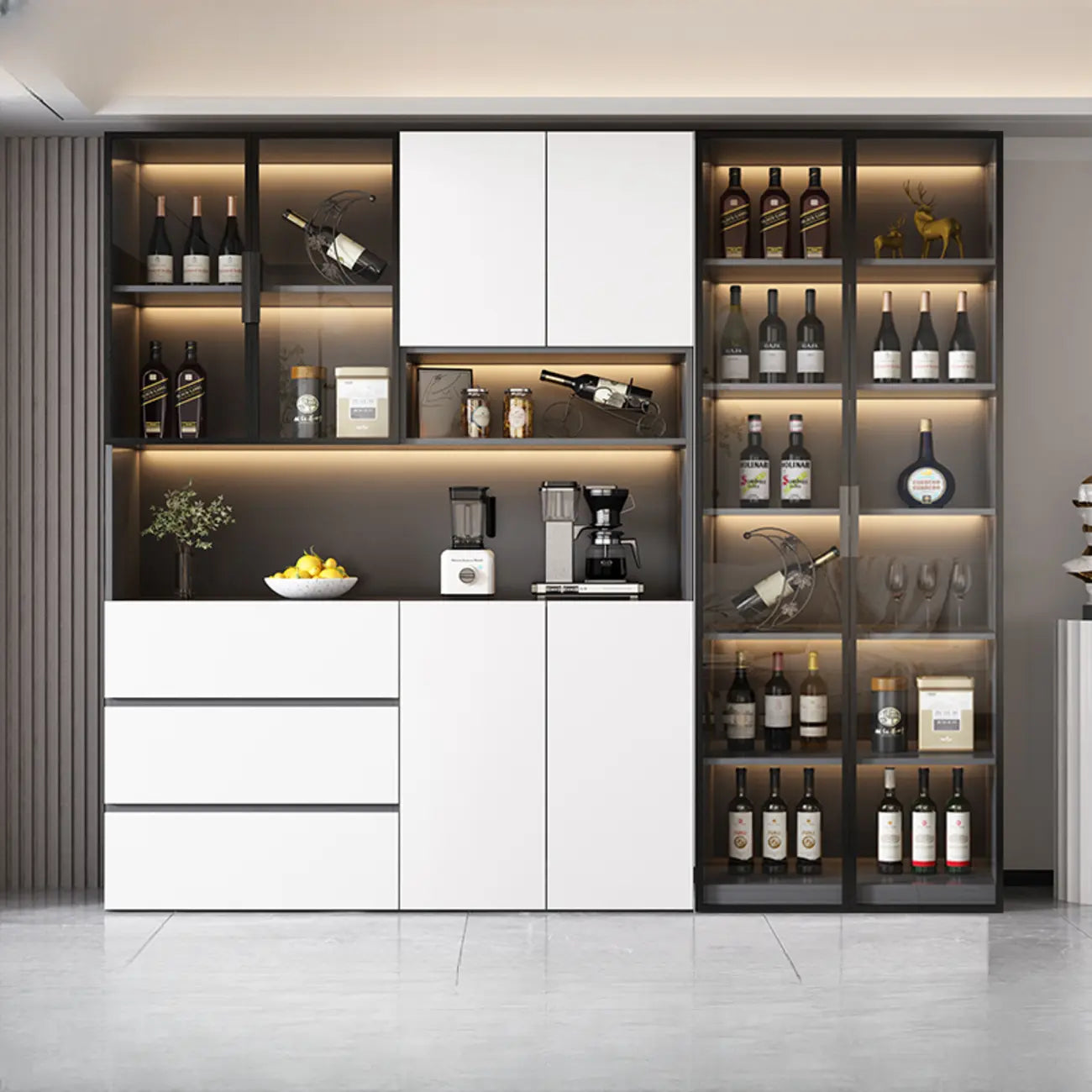 Glass Door Wooden Floor Multiple Levels Wine Cabinet with Lighting