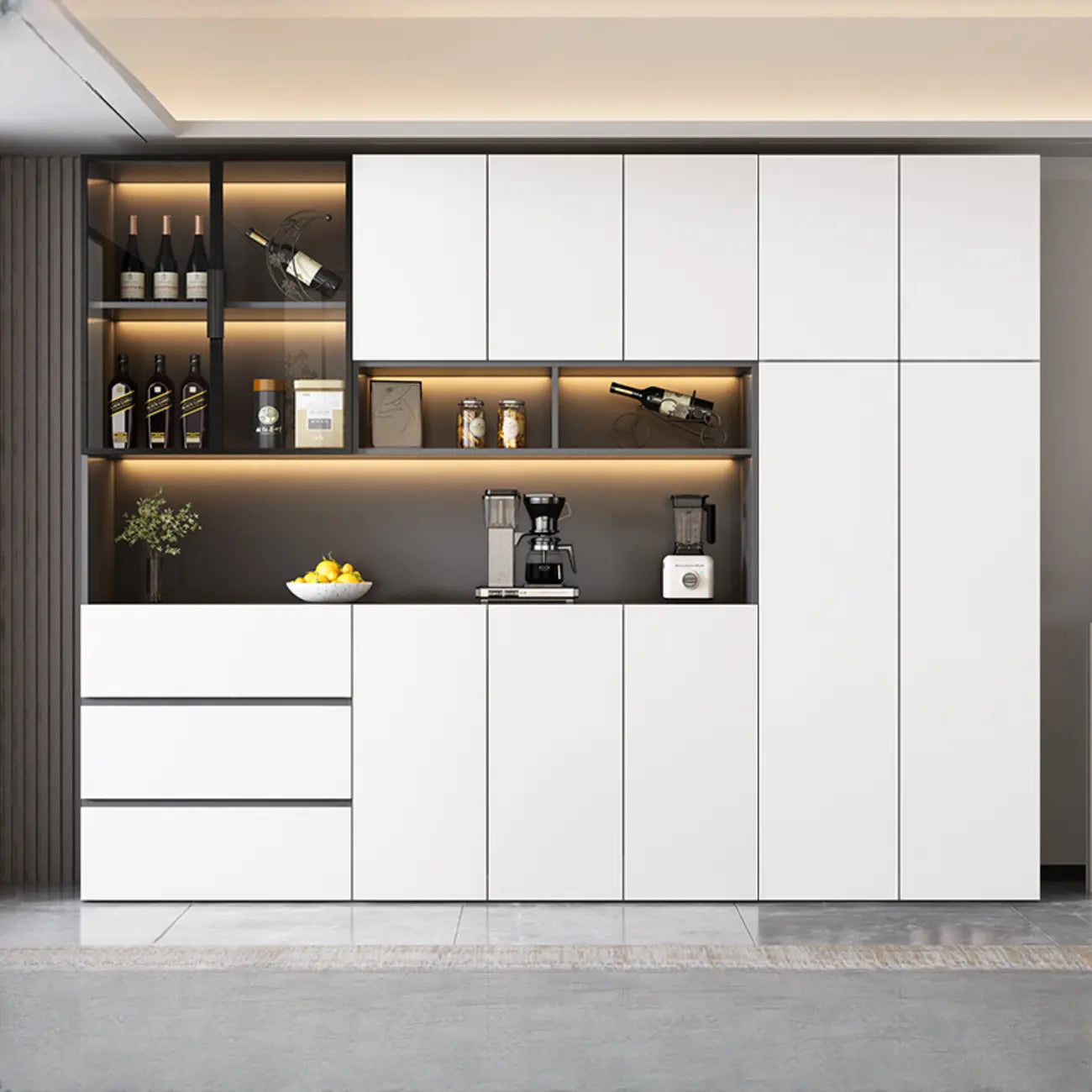 Glass Door Wooden Floor Multiple Levels Wine Cabinet with Lighting