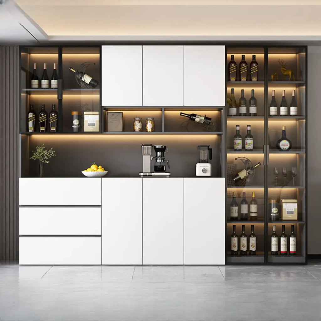 Glass Door Wooden Floor Multiple Levels Wine Cabinet with Lighting