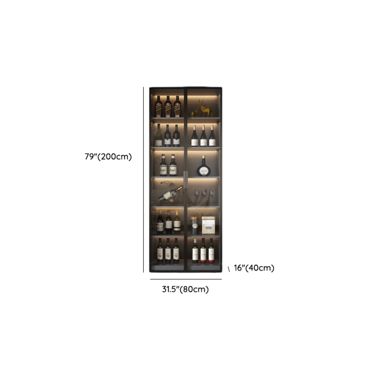 Glass Door Wooden Floor Multiple Levels Wine Cabinet with Lighting