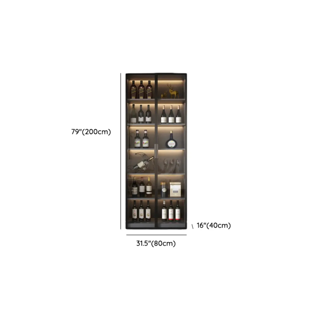 Glass Door Wooden Floor Multiple Levels Wine Cabinet with Lighting
