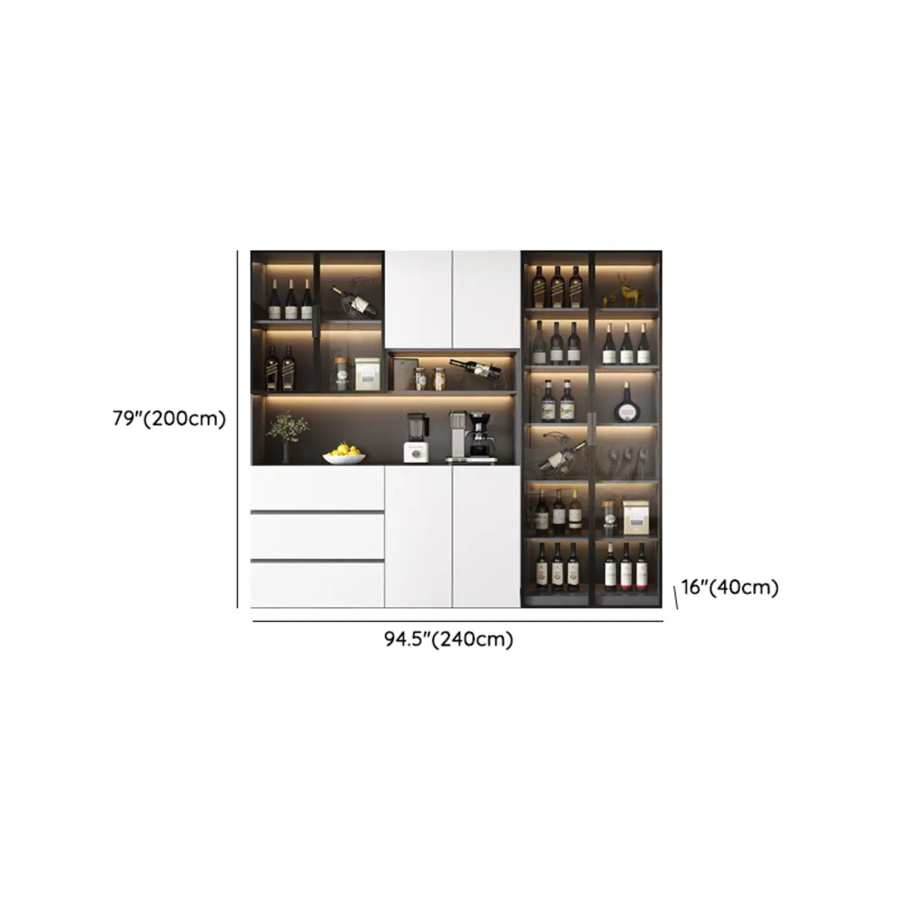 Glass Door Wooden Floor Multiple Levels Wine Cabinet with Lighting