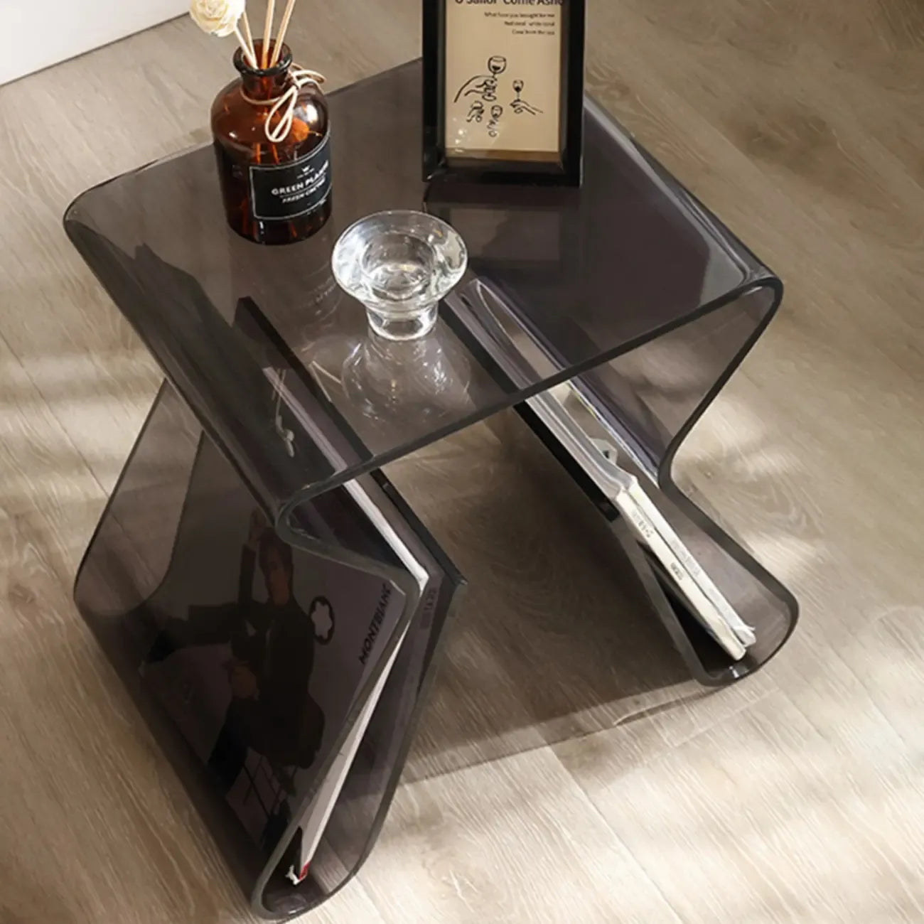 Gray Acrylic Side Table with Magazine Rack for Living Room