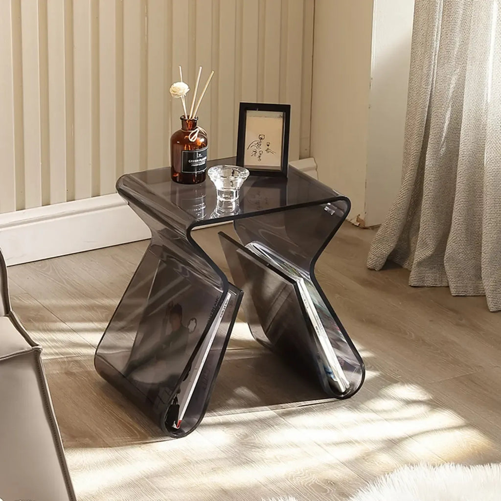 Gray Acrylic Side Table with Magazine Rack for Living Room