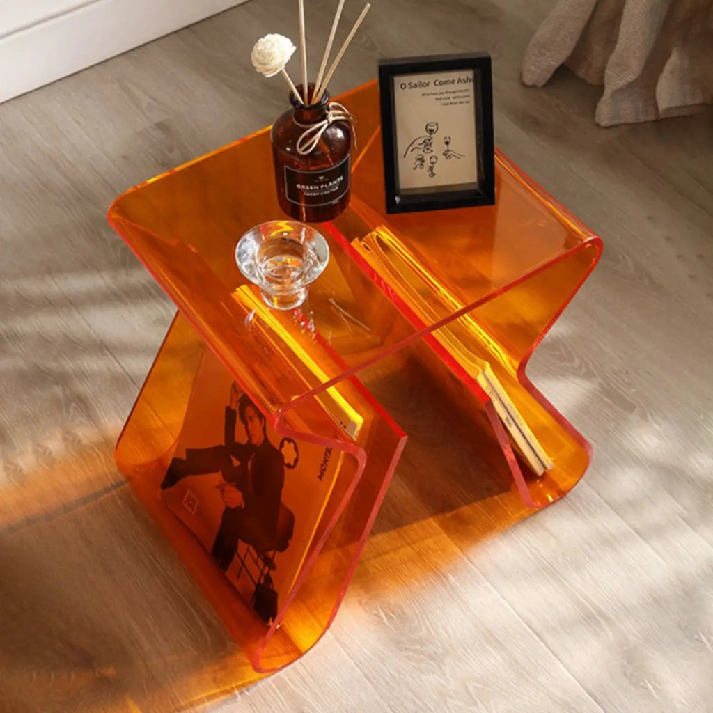 Gray Acrylic Side Table with Magazine Rack for Living Room