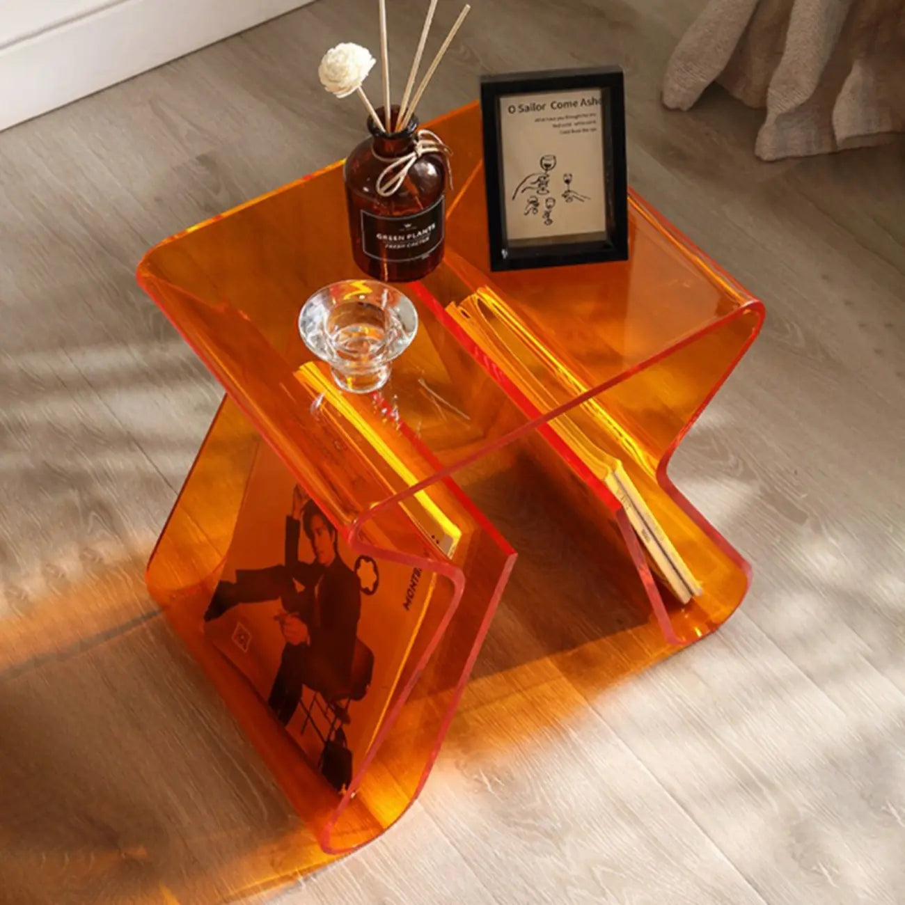 Gray Acrylic Side Table with Magazine Rack for Living Room