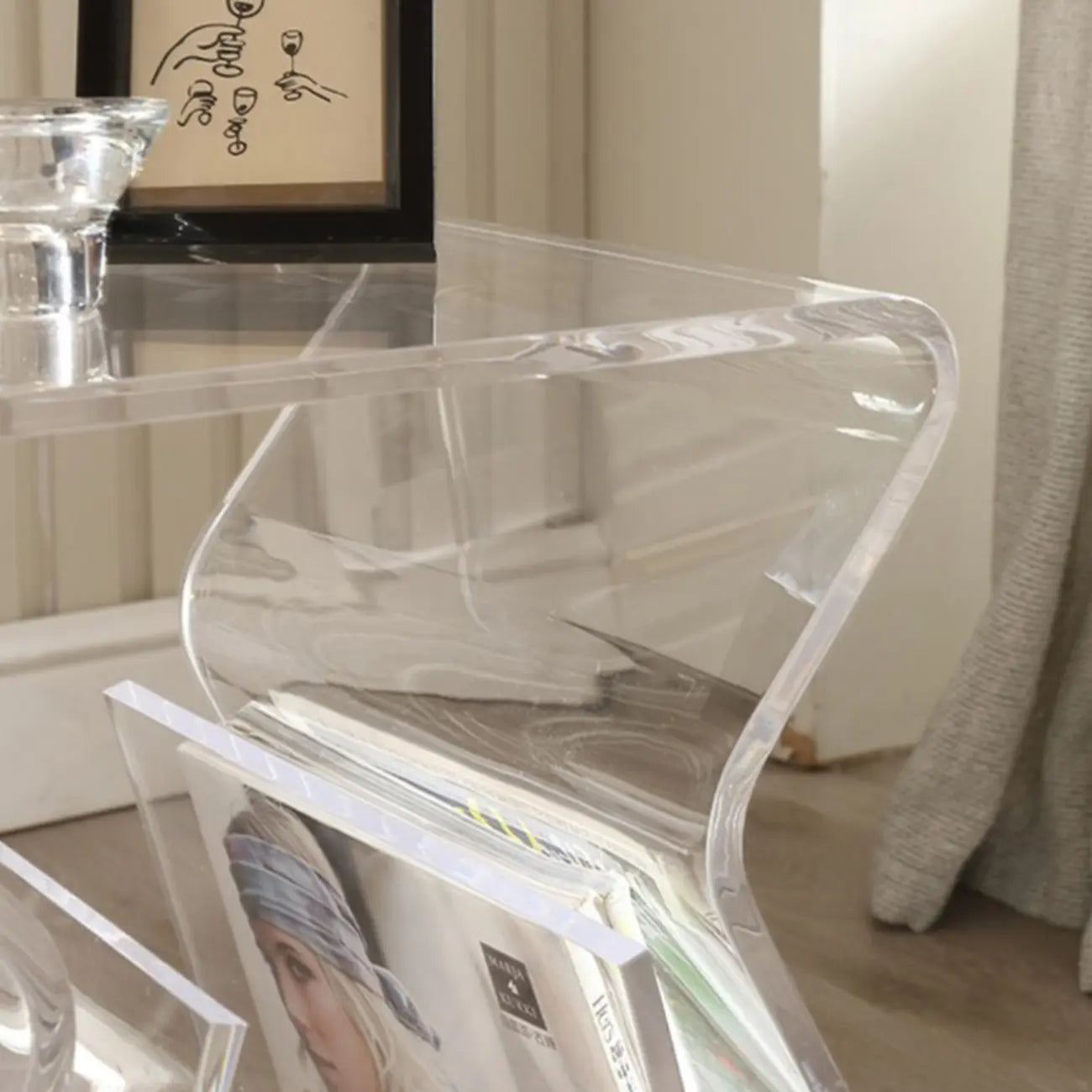 Gray Acrylic Side Table with Magazine Rack for Living Room