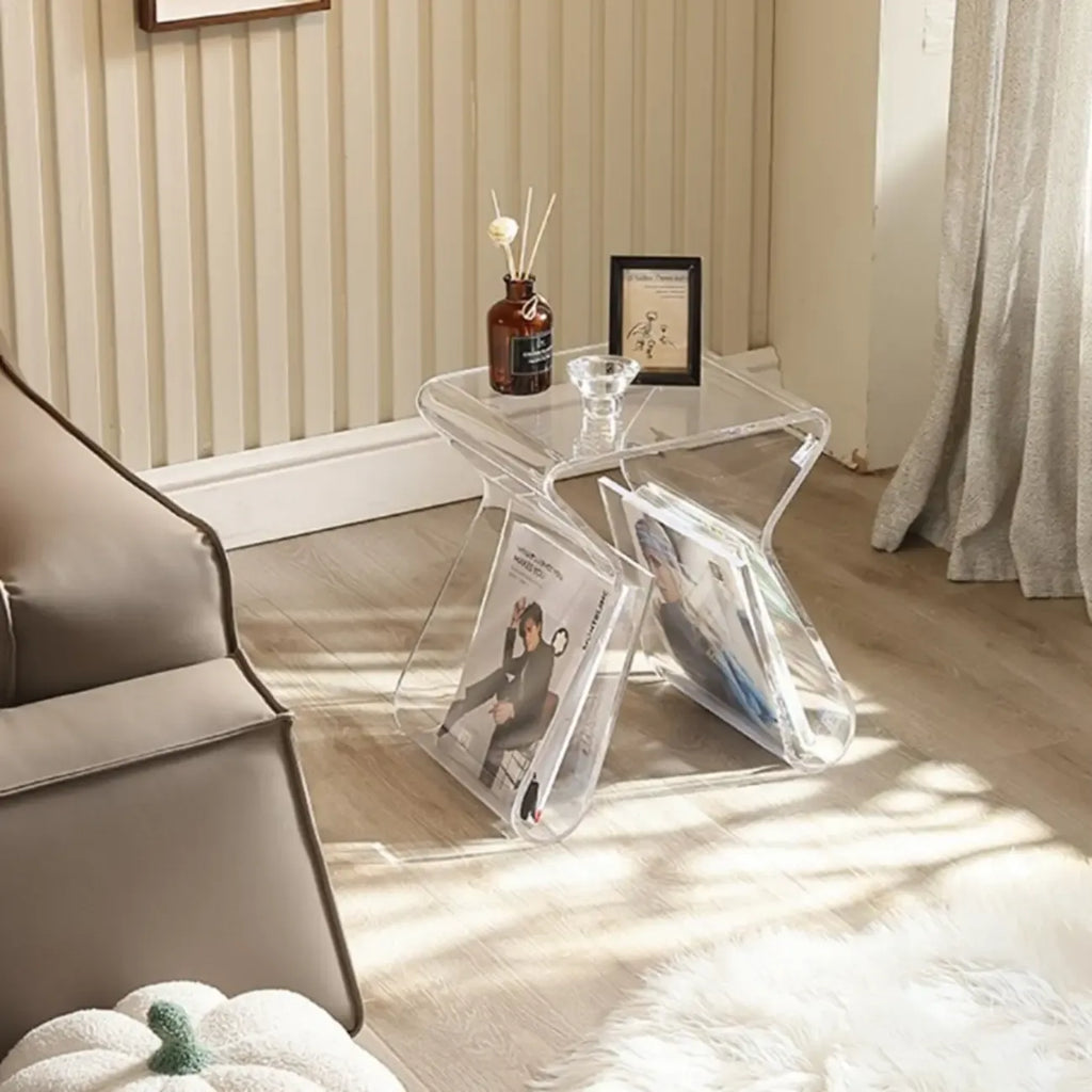 Gray Acrylic Side Table with Magazine Rack for Living Room