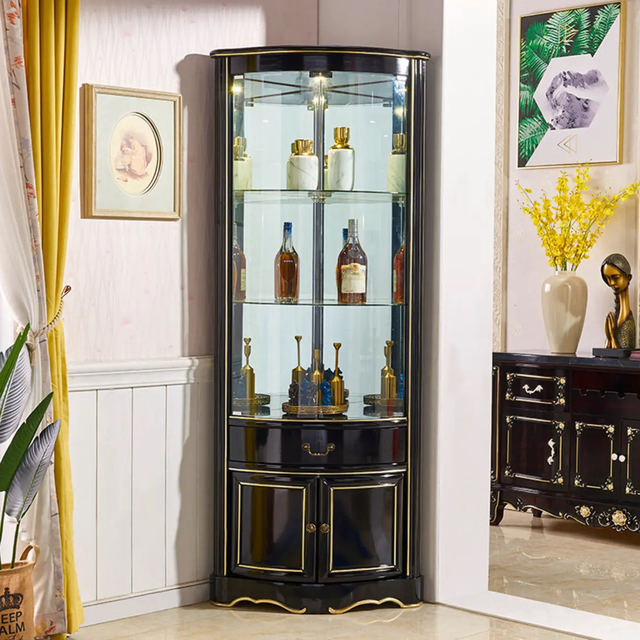 Tall Antique Black Corner Cabinet for Living Room Decor