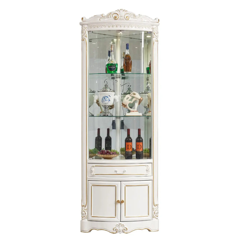 Ornate White-Gold Wooden Display Corner Cabinet Glass Front