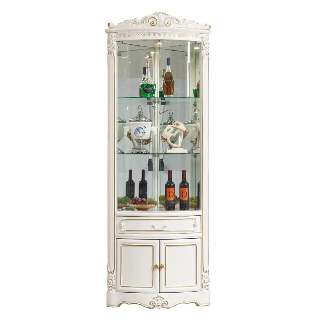 Ornate White-Gold Wooden Display Corner Cabinet Glass Front