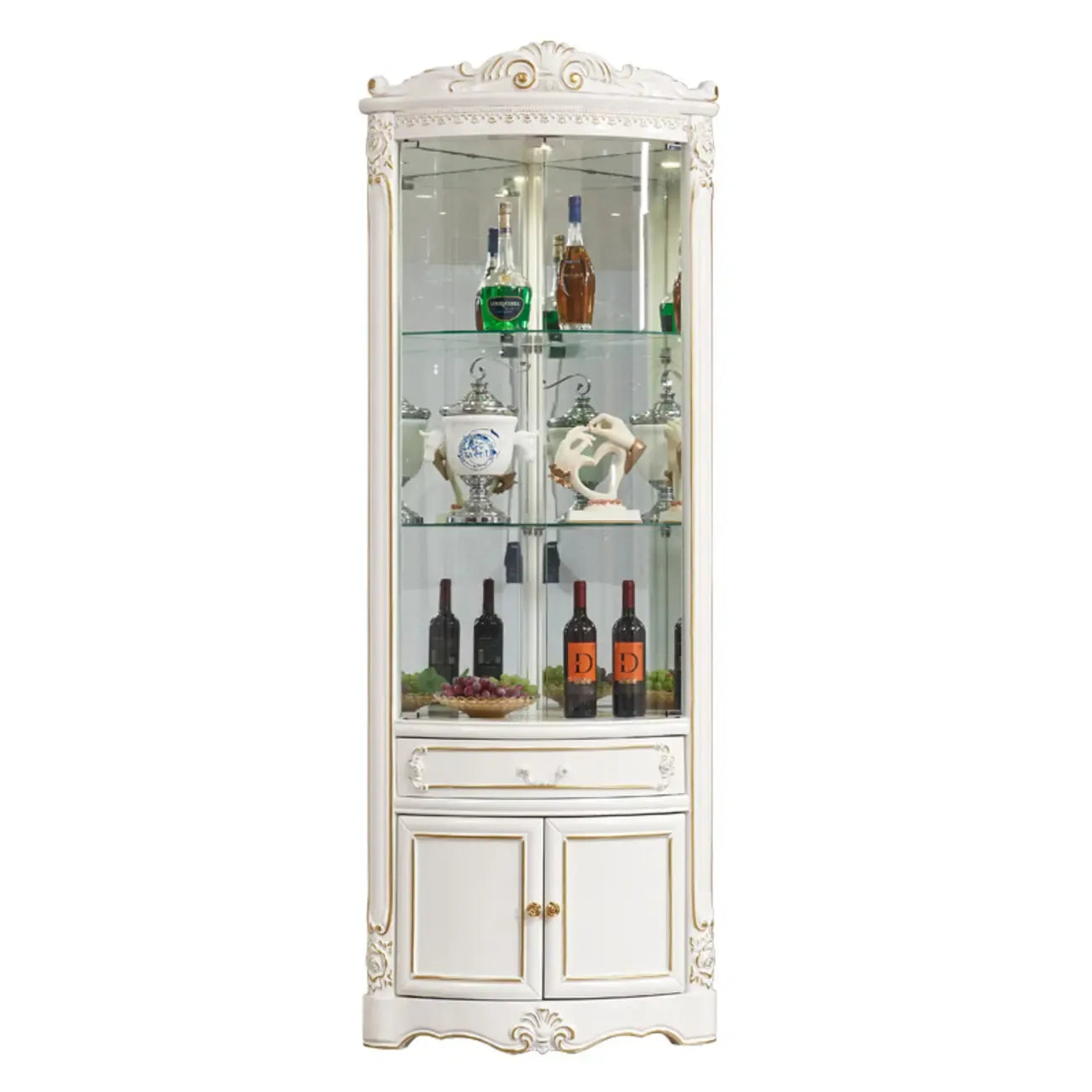 Ornate White-Gold Wooden Display Corner Cabinet Glass Front