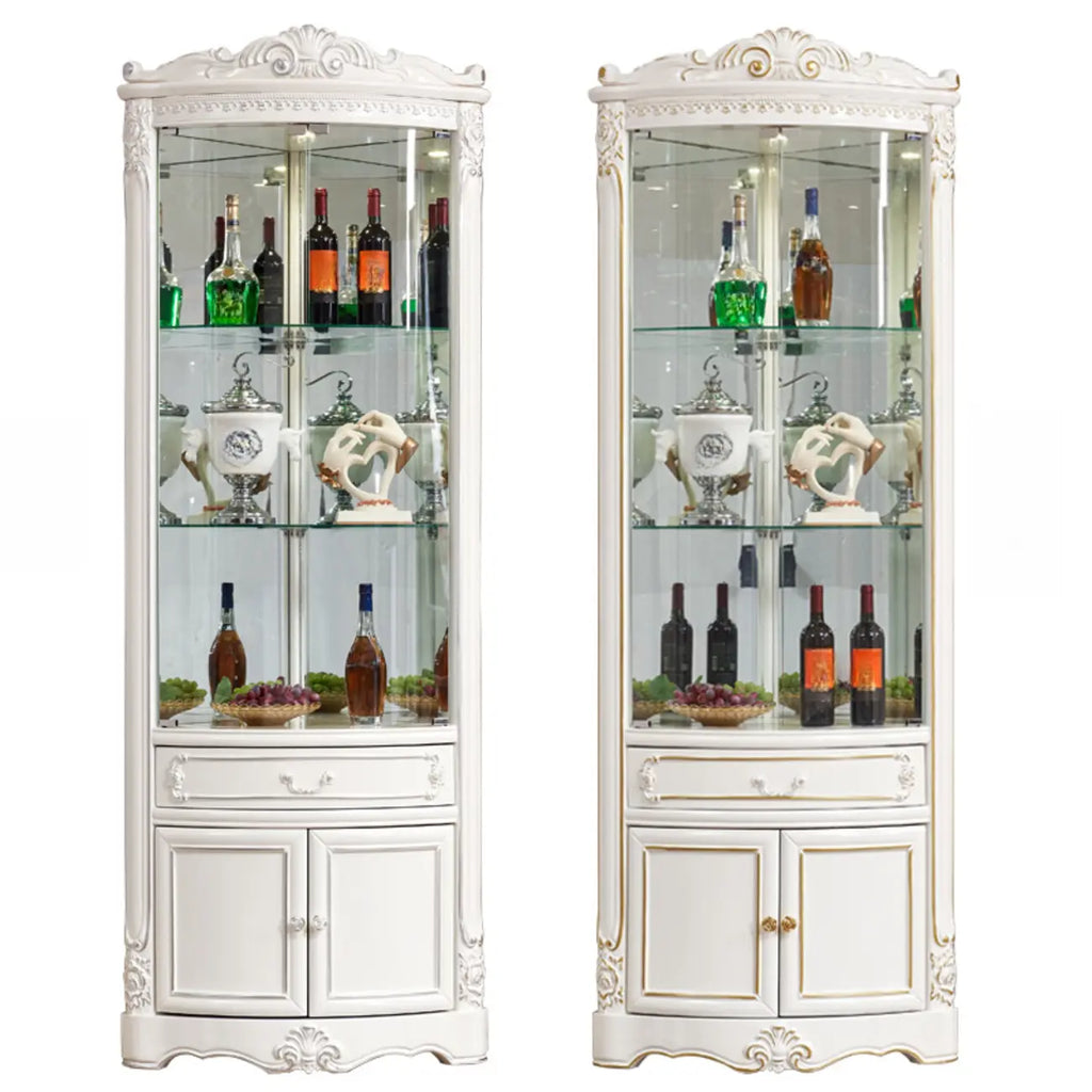 Ornate White-Gold Wooden Display Corner Cabinet Glass Front