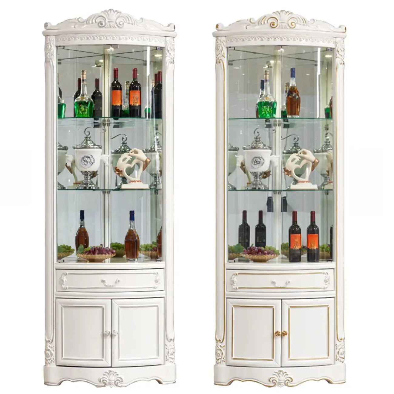 Ornate White-Gold Wooden Display Corner Cabinet Glass Front
