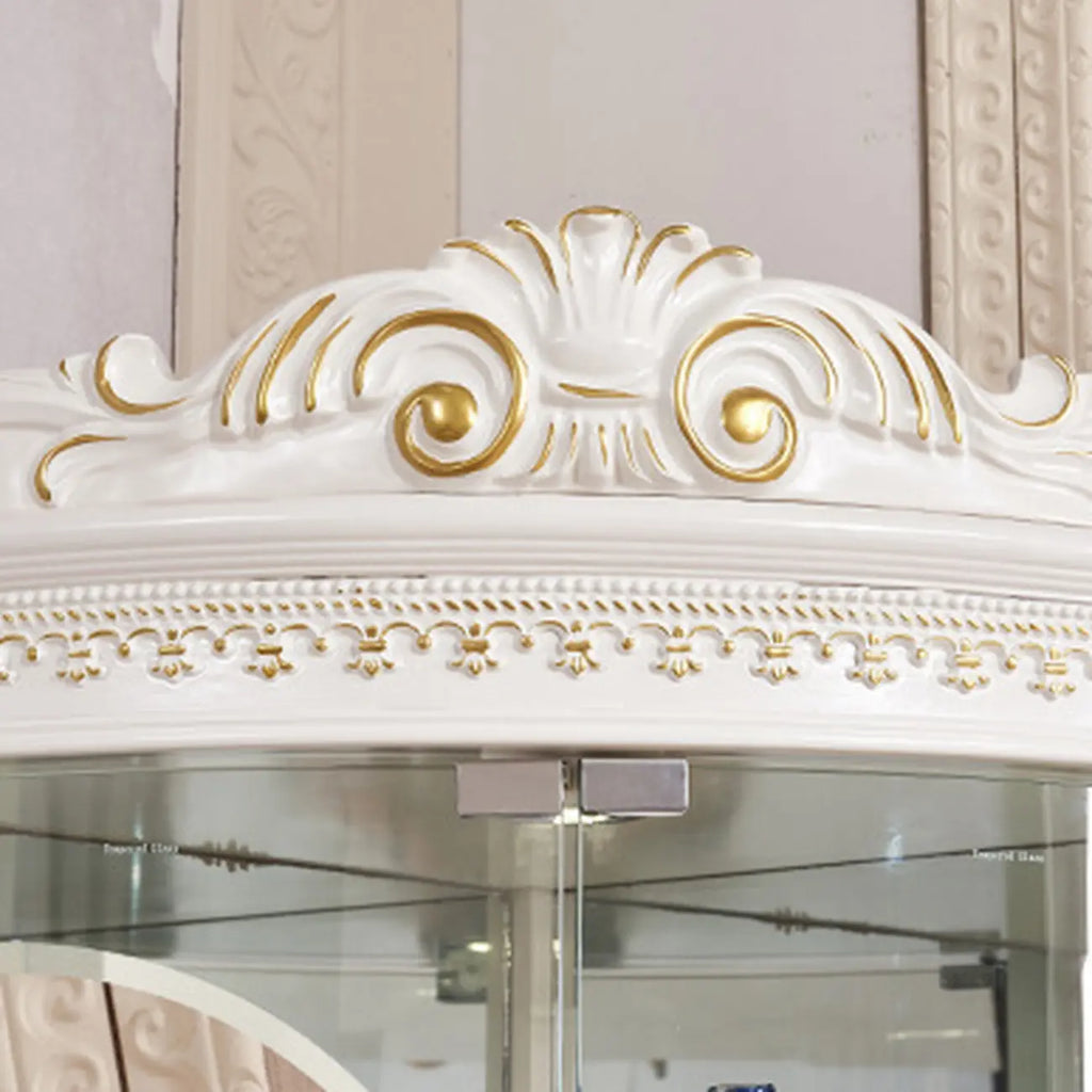 Ornate White-Gold Wooden Display Corner Cabinet Glass Front