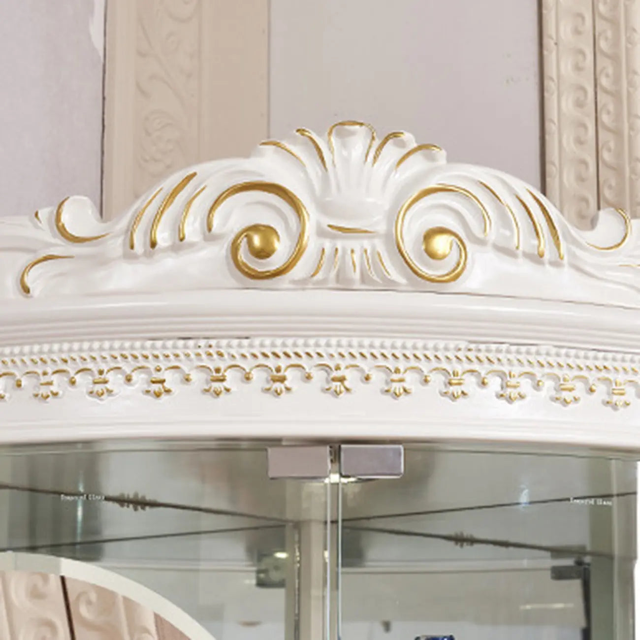 Ornate White-Gold Wooden Display Corner Cabinet Glass Front
