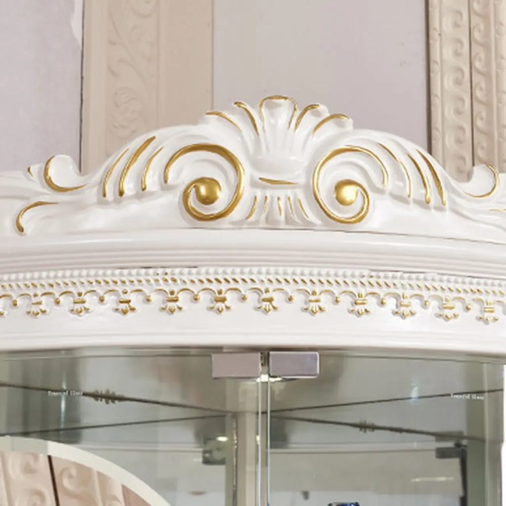 Ornate White-Gold Wooden Display Corner Cabinet Glass Front