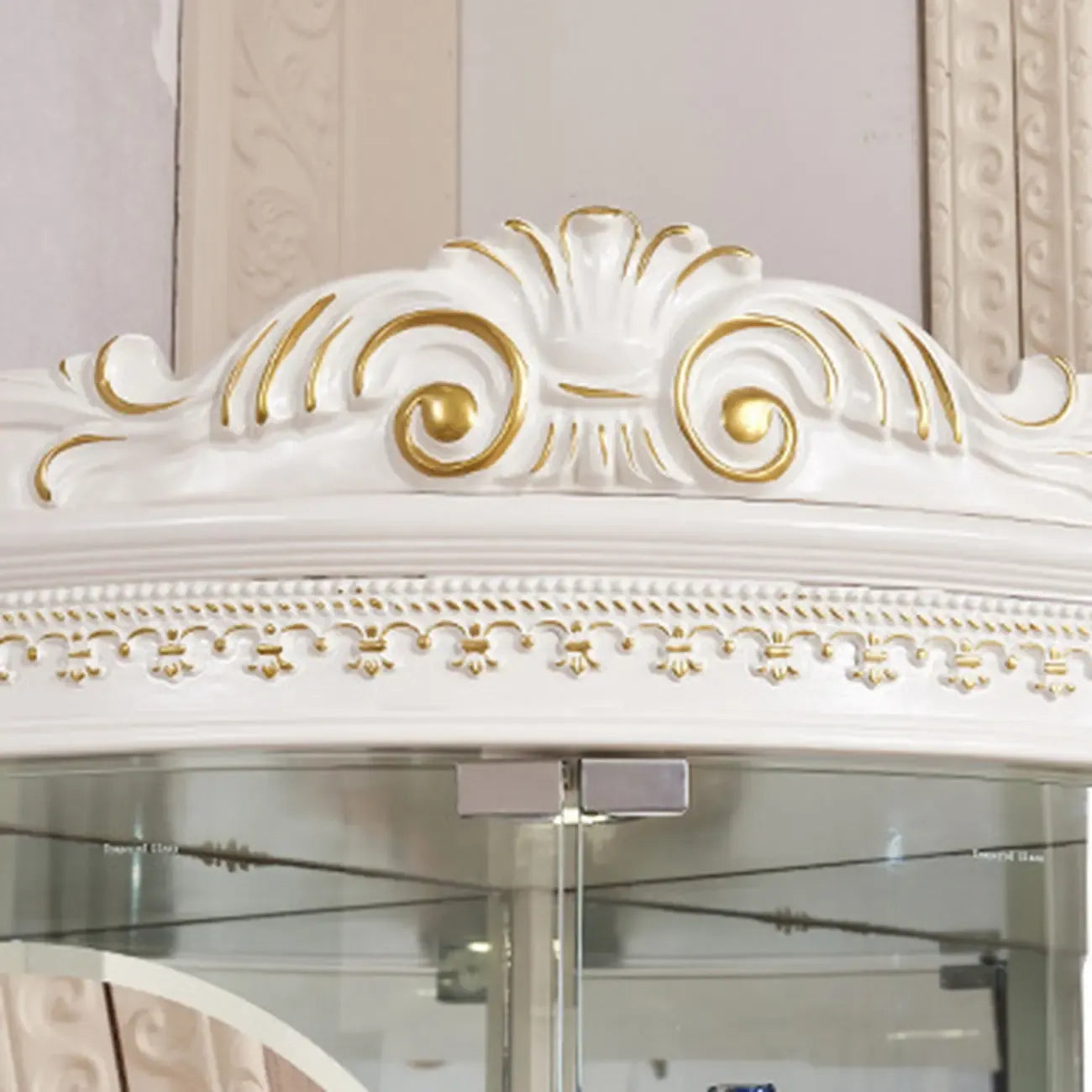 Ornate White-Gold Wooden Display Corner Cabinet Glass Front